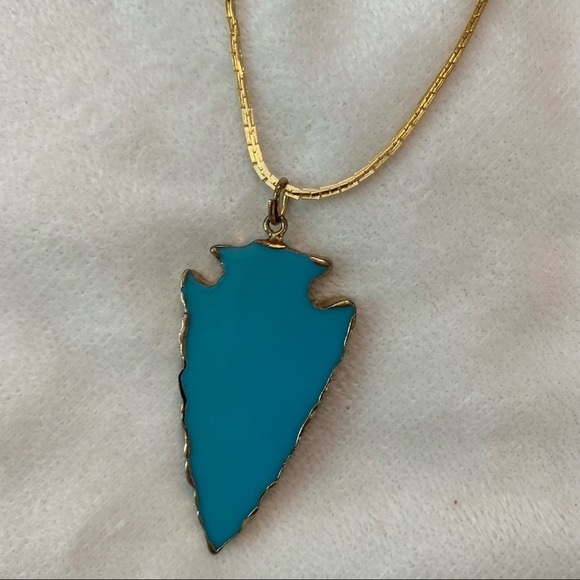 Faux Turquoise Arrow Head Gold Tone Chain Accents 24” Long boho southwestern - Picture 5 of 16